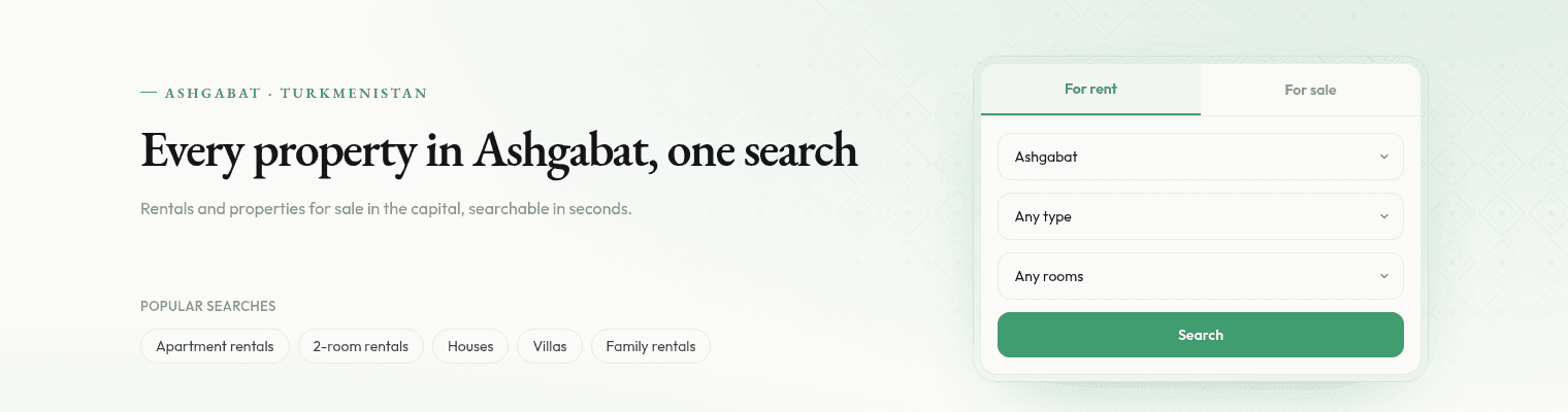 DomBazaar homepage: every property in Ashgabat, one search, with rent and sale tabs