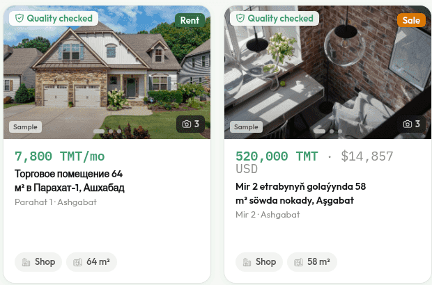 Commercial listings: shops and offices with area and price